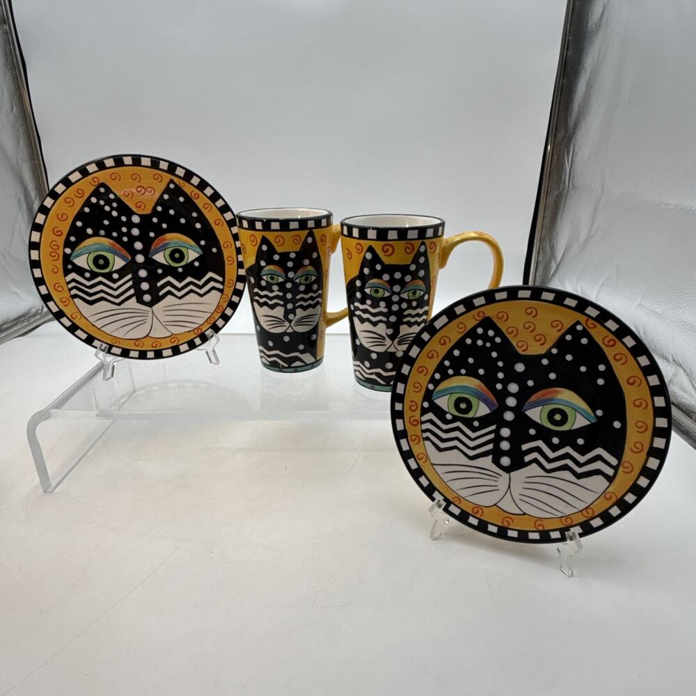 2 VTG 90s Laurel Burch Tall Coffee Mug Black Cat Whimsical & 2 Matching Plates